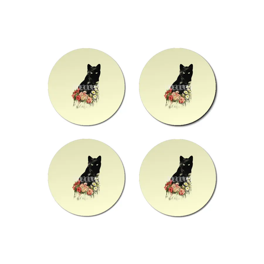 Black Cat Vintage Flower Good Luck Bardak Altlığı