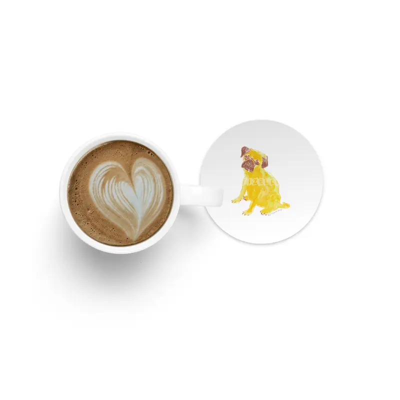 Cute artistic colorful drawing of Puppy Pug in Yellow and Brown Bardak Altlığı