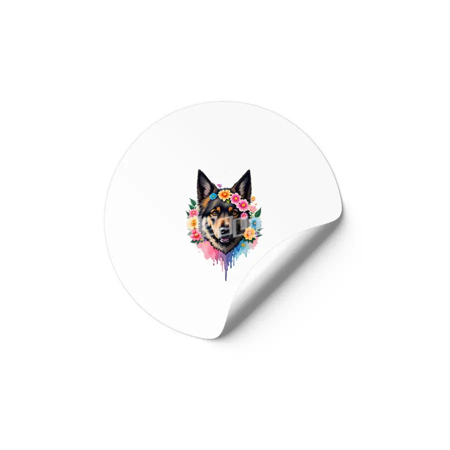 Cute Retro German Shepard Dog with Colorful Flowers Etiket