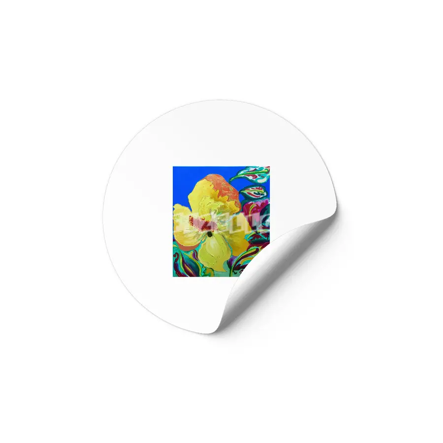 Birthday Acrylic Yellow Orange Hibiscus Flower Painting with Red and Green Leaves Etiket