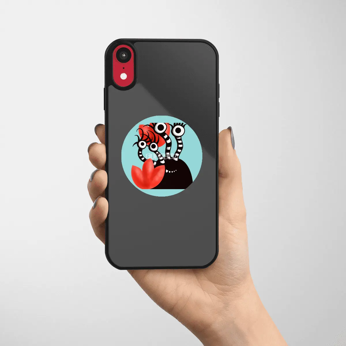 Cute Black Monster With Abstract Tulips Etiket