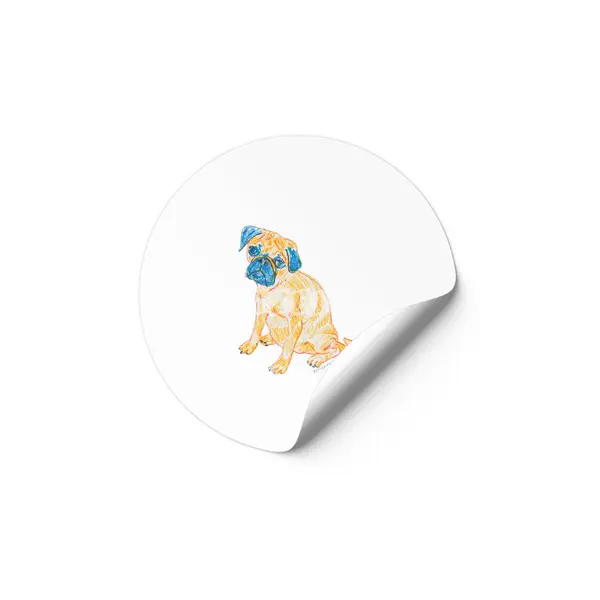 Colorful artistic shy puppy Pug drawing design in orange and blue Etiket