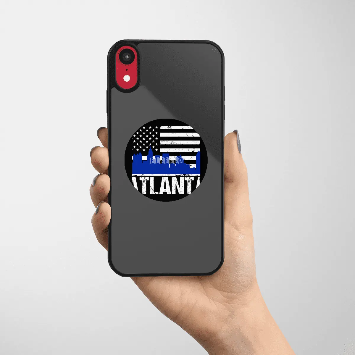 Atlanta City Skyline Silhouette and Distressed American Flag Etiket