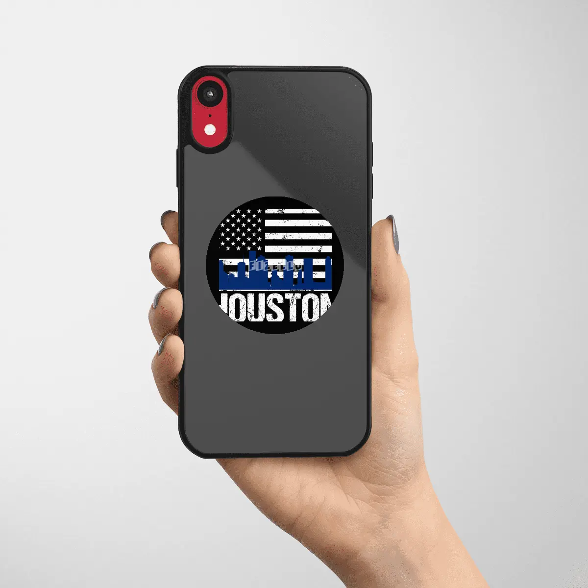 Houston Skyline Silhouette on Distressed American Flag Etiket