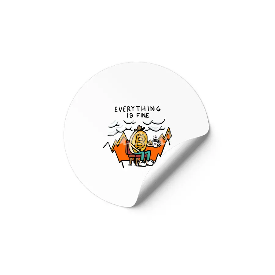 Everything is Fine - Bitcoin Volatility Cartoon in Flames Etiket