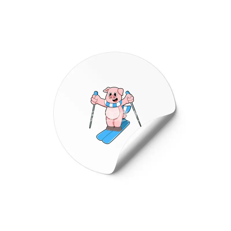 Pig as Skier with Ski Scarf & Ski poles Etiket