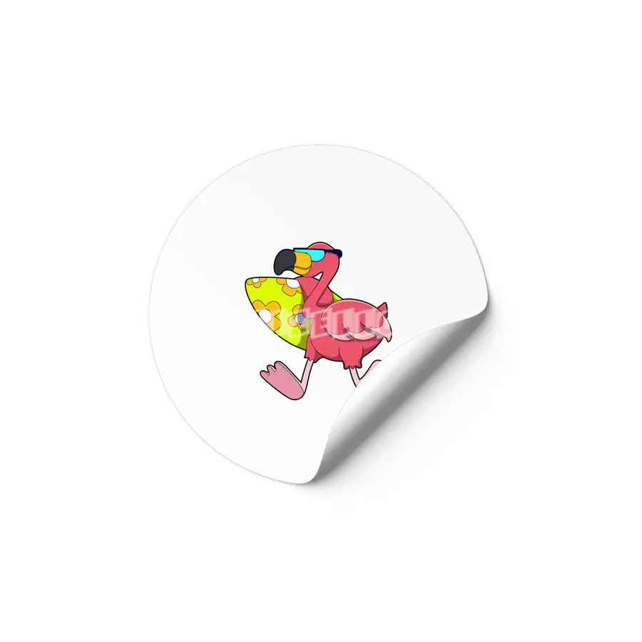 Flamingo as Surfer with Surfboard & Sunglasses Etiket