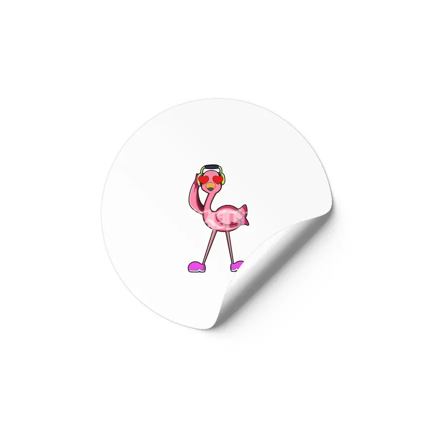 Flamingo with Headphone & Hearts Etiket