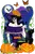 A witch all dressed up in purple and oranges with sugar skull day of the dead make-up on. Black cat, cauldron pumpkins and a full moon in behind them.