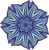 Abstract flower mandala created from a digital drawing of a geometric striped flower in purple, green and blue colors.
