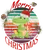 Cute Kawaii Christmas Aligator with a Santa hat and a gift in his paws, 
surrounded by snowflakes, Christmas lights, and bells, with the text "Merry 
Christmas"