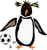 Cool cute fun Rockhopper penguin playing soccer cartoon is popular with penguin bird lovers and soccer players and football and soccer sports teams.