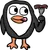 A cute cartoon penguin holding a bacon strip on a fork