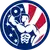 Icon retro style illustration of an American fitness gym showing a bodybuilder lifting dumbbell with United States of America USA star spangled banner or stars and stripes flag inside circle.