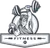 Illustration of a berserker, a champion Norse warrior wearing pelt of bear skin lifting barbell and kettlebell viewed from front set inside circle with the word text Fitness inside banner done in retro style. 