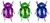 a decorative artwork featuring three identical bugs in 3 different colors purple, green and blue.