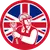 Icon retro style illustration of a British mechanical engineer holding a spanner or wrench with United Kingdom UK, Great Britain Union Jack flag set inside circle on isolated background.