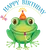 A bug eyed bright green frog with a party hat and a birthday blower sits with a big expectant grin. The lettering is underlined by a fluttering dragonfly