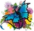 Black and blue dragon with blue butterfly wings nestled amongst a bouquet of flowers.