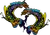 Two Butterflies splashed with colors of blue, gold, orange and purple gliding through the summer sky. Encircling each other with colors great color. Color lives here. Original design by Jan DeAngelis