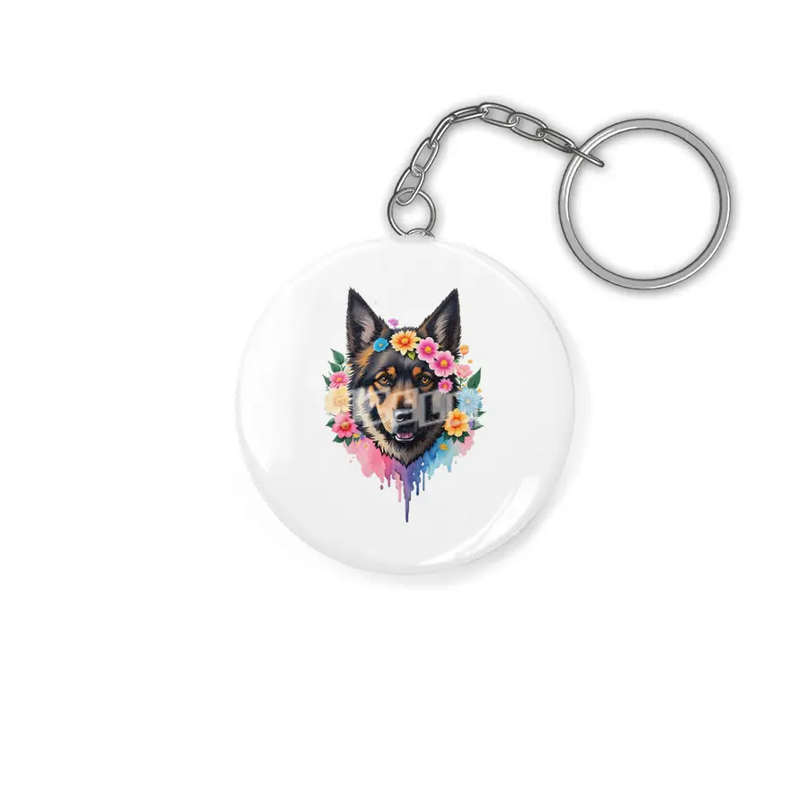 Cute Retro German Shepard Dog with Colorful Flowers Anahtarlık