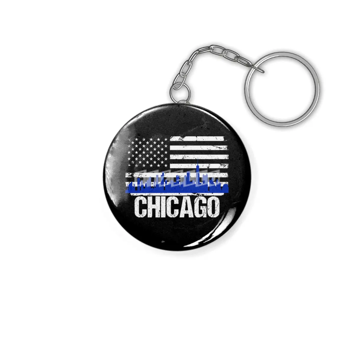 Chicago Skyline Silhouette on Distressed American Flag Anahtarlık