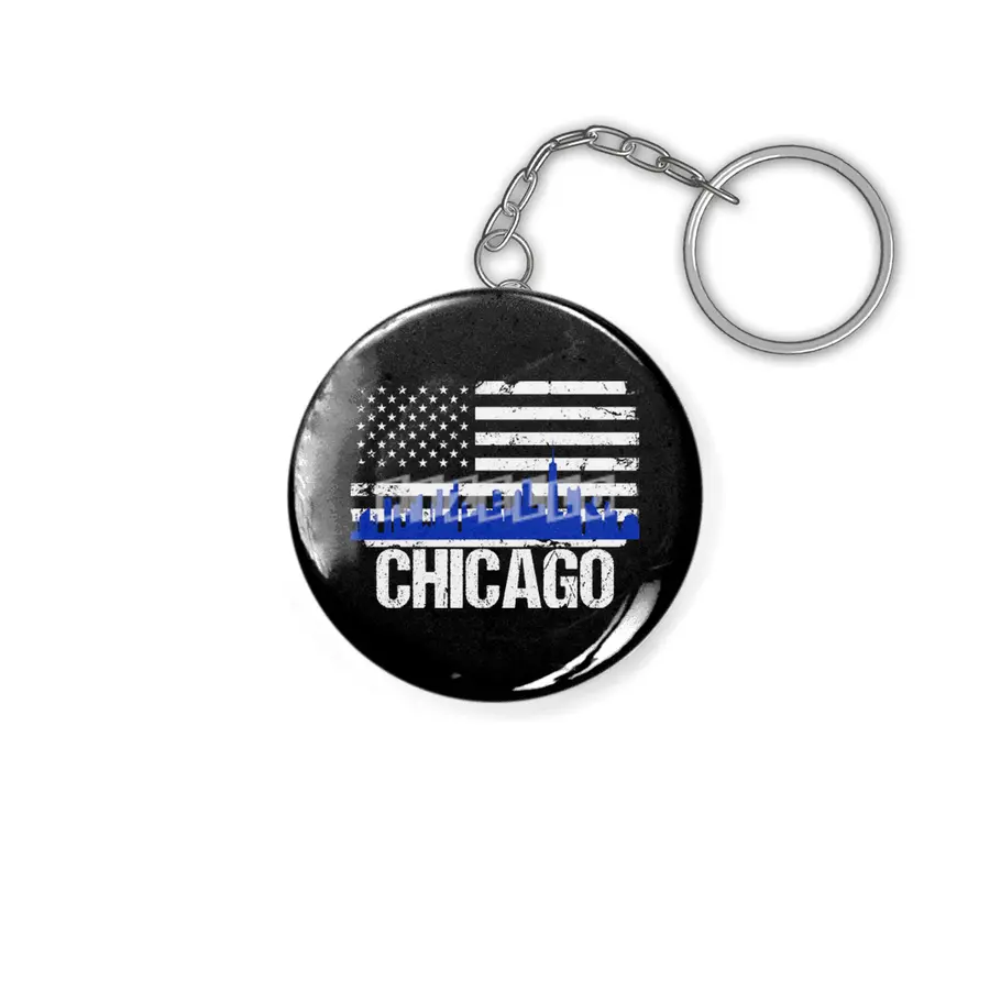 Chicago Skyline Silhouette on Distressed American Flag Anahtarlık
