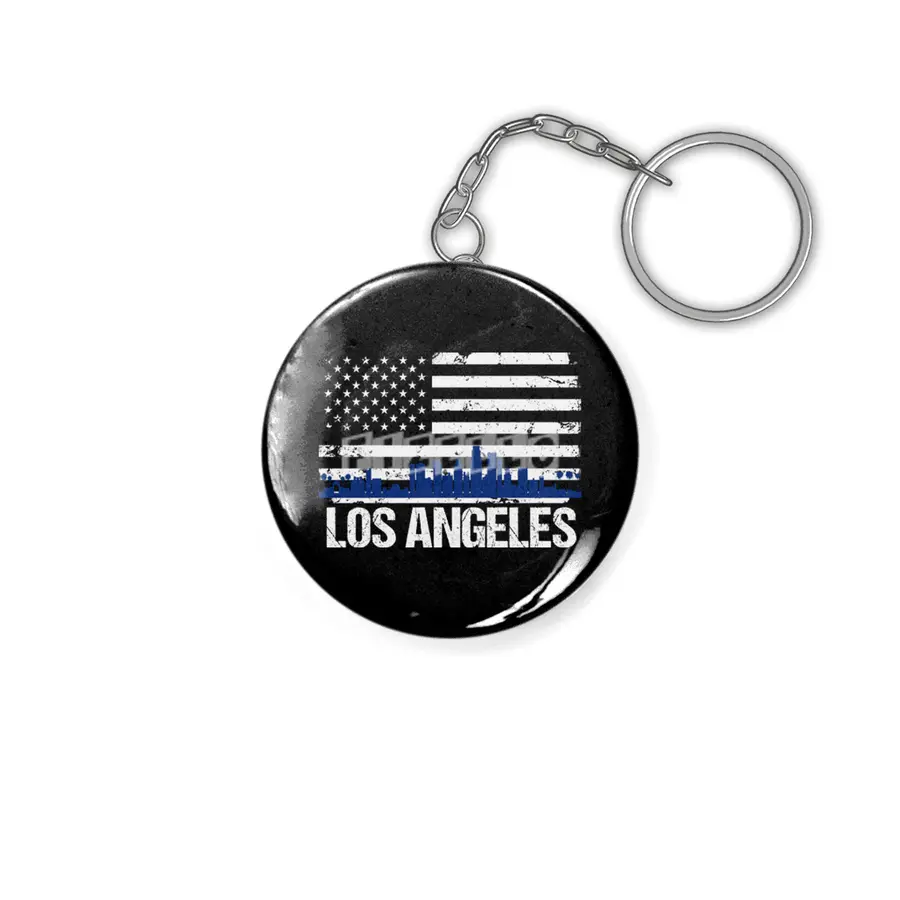 Los Angeles Skyline Silhouette on Distressed American Flag Anahtarlık