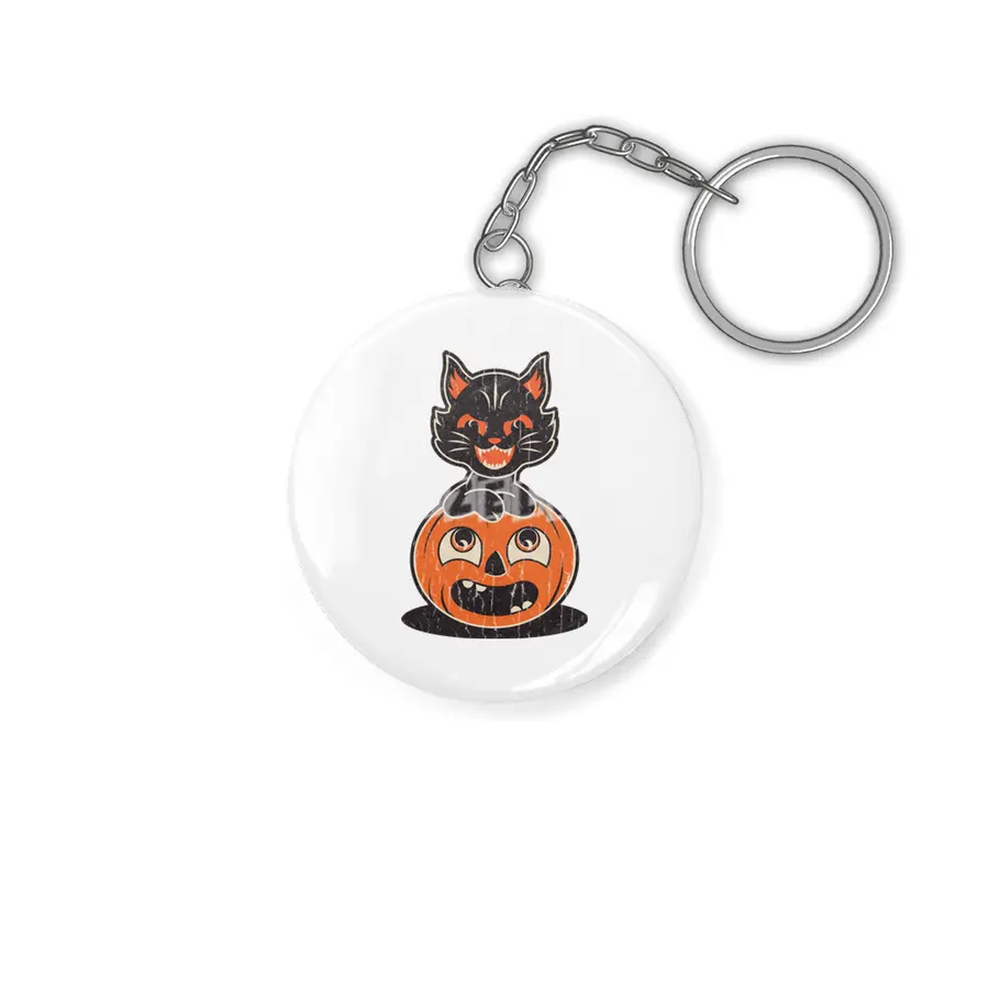 Retro Halloween Cat and Pumpkin Anahtarlık