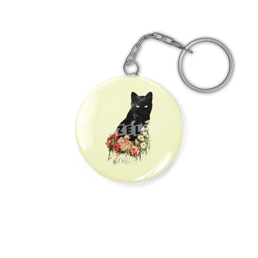 Black Cat Vintage Flower Good Luck Anahtarlık
