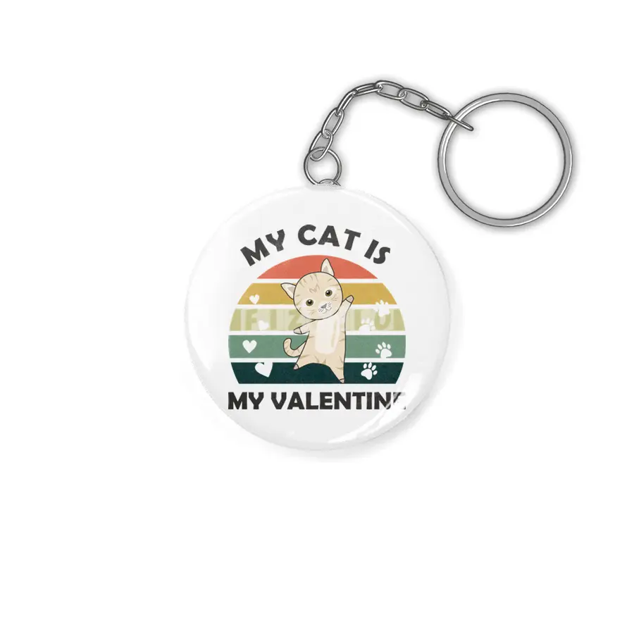 My Cat Is My Valentine Beige Cat Heart Vintage Anahtarlık