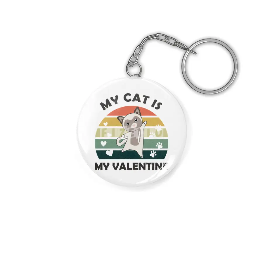 My Cat Is My Valentine Beige Cat Heart Vintage Anahtarlık