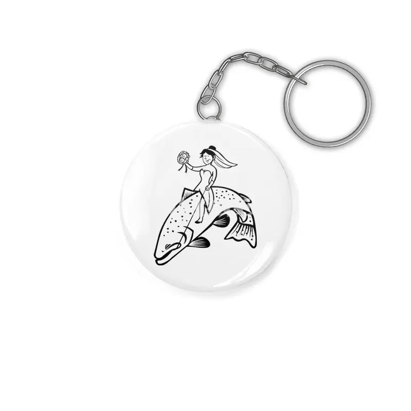 Bride Female Fisherman with Flower Bouquet Riding a Steelhead Trout Cartoon Black and White Anahtarlık