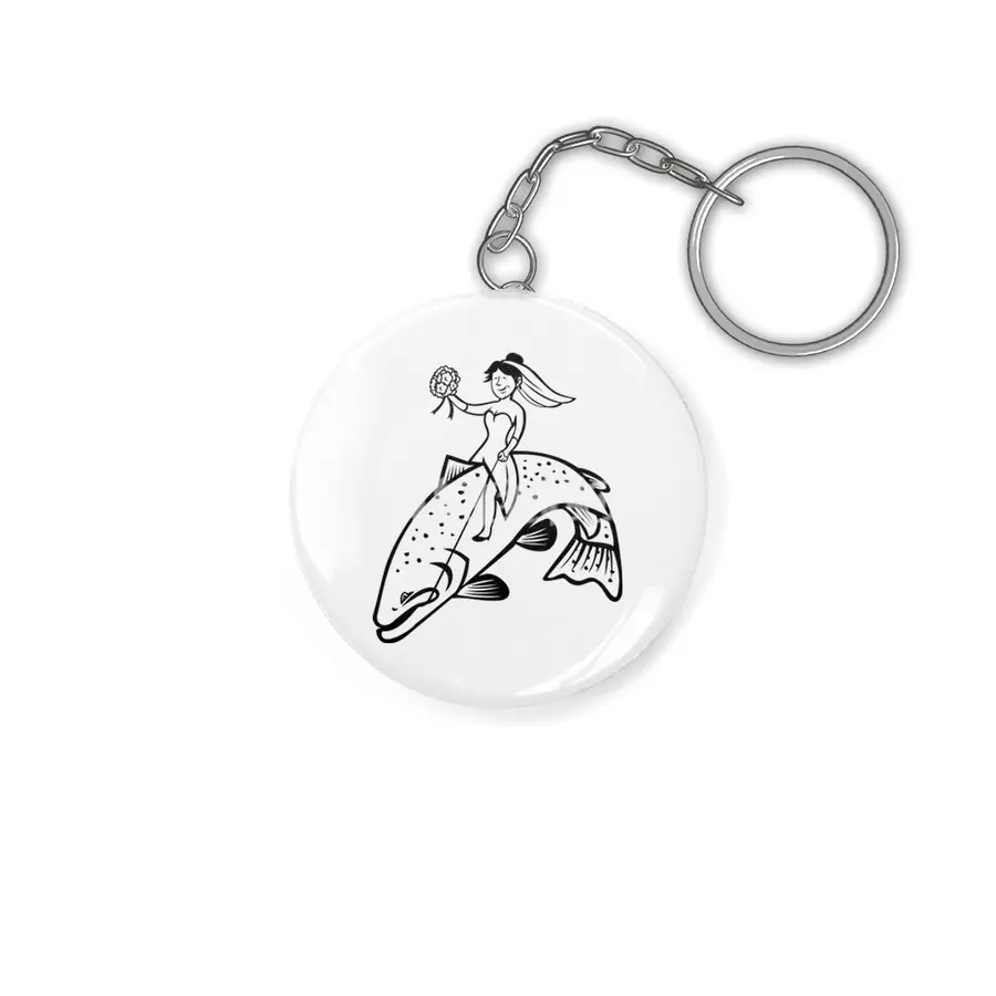 Bride Female Fisherman with Flower Bouquet Riding a Steelhead Trout Cartoon Black and White Anahtarlık
