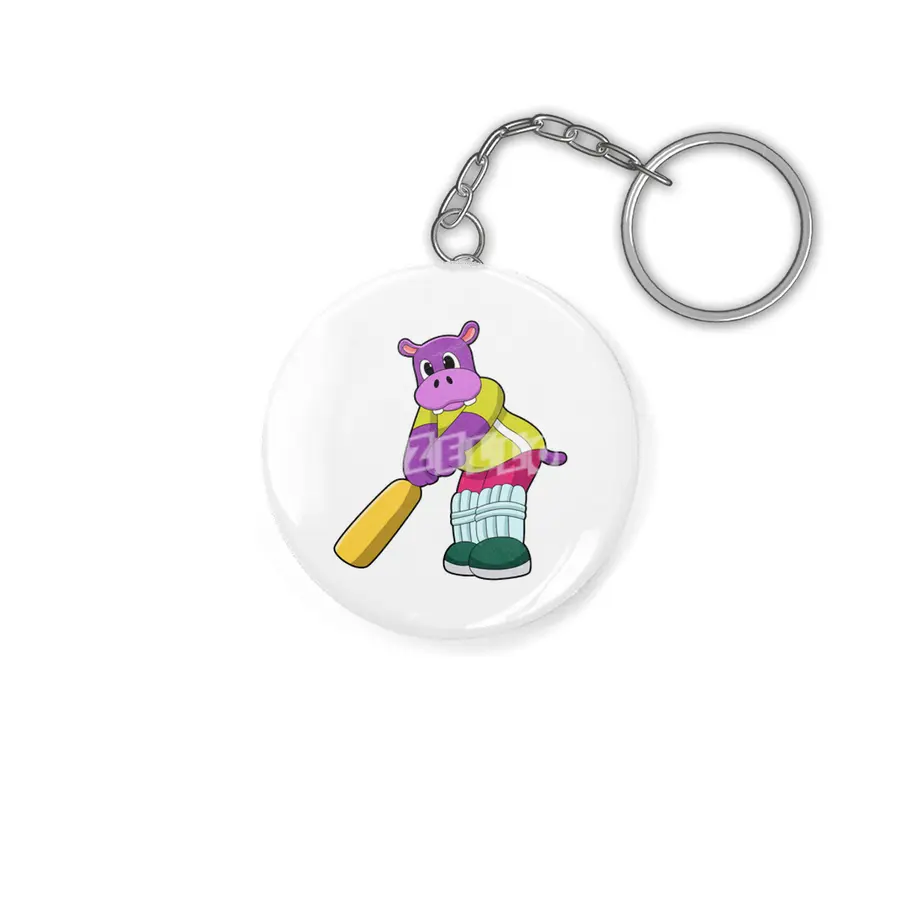 Hippo at Cricket with Cricket bat Anahtarlık