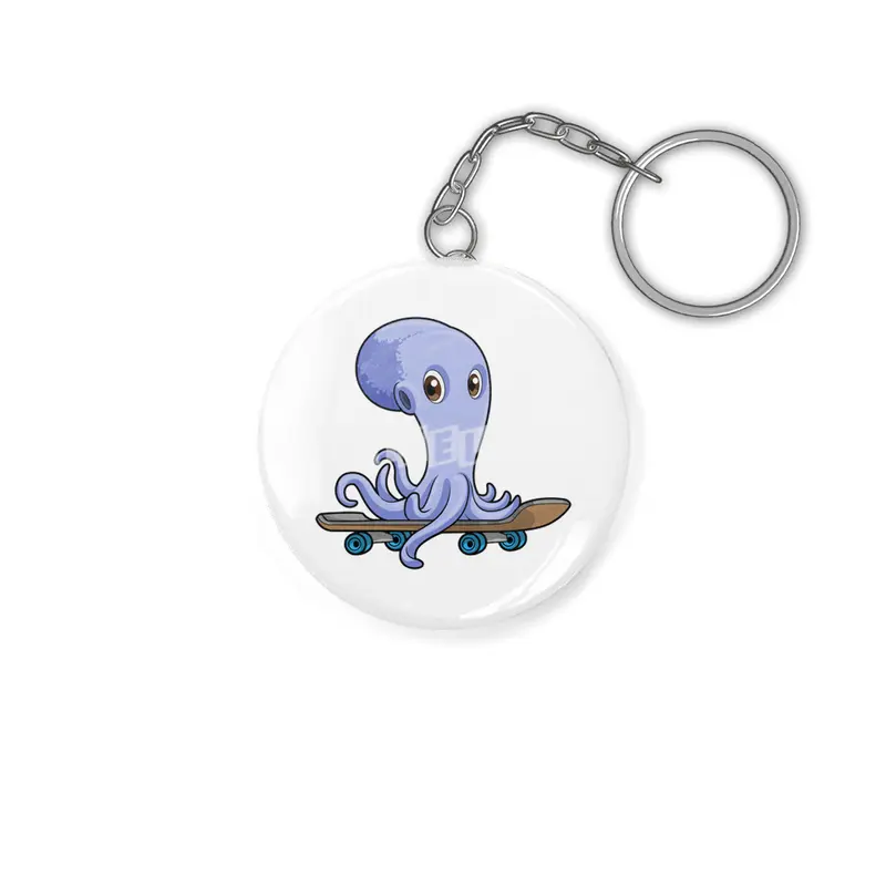 Octopus as Skater with Skateboard Anahtarlık