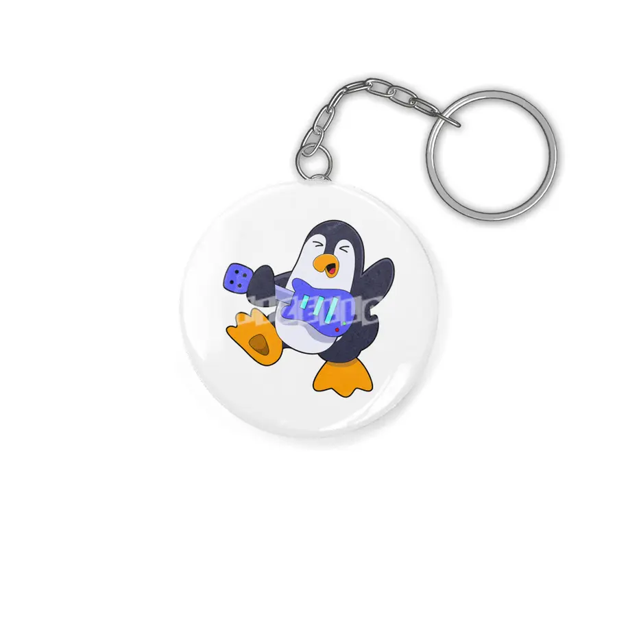 Penguin at Music with Guitar Anahtarlık
