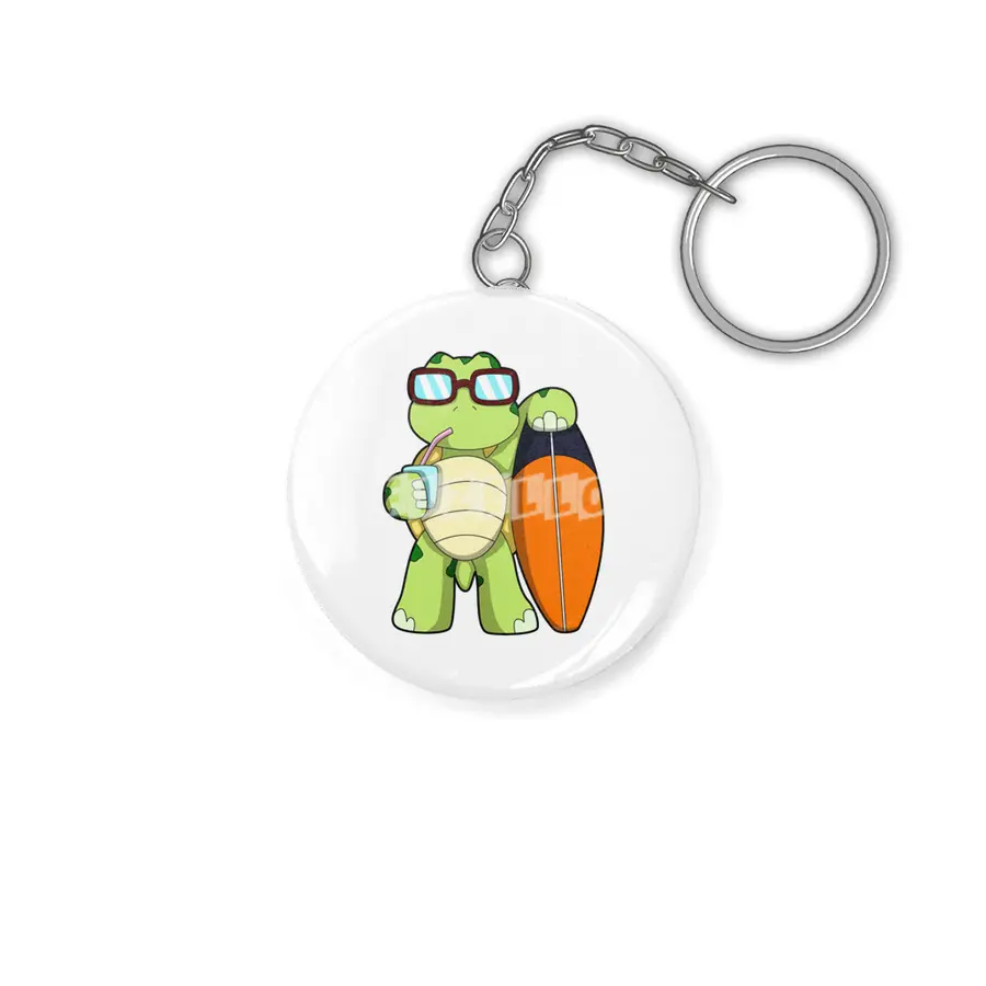 Turtle as Surfer with Surfboard & Drink Anahtarlık