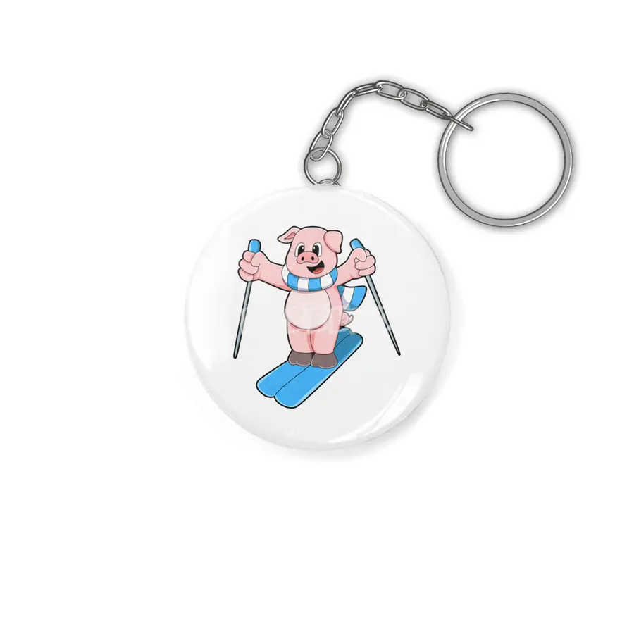Pig as Skier with Ski Scarf & Ski poles Anahtarlık