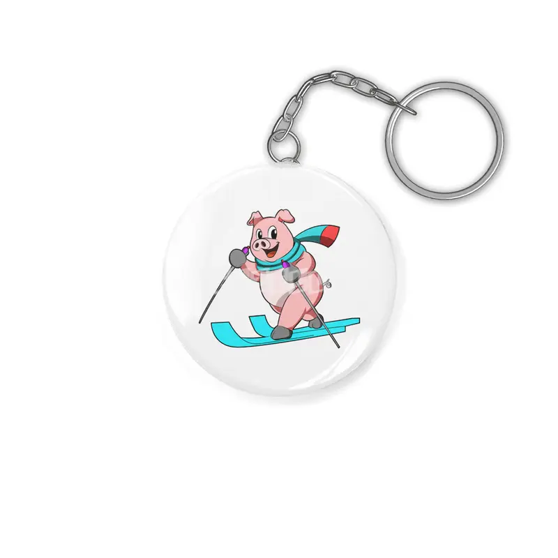 Pig as Skier with Skis Anahtarlık