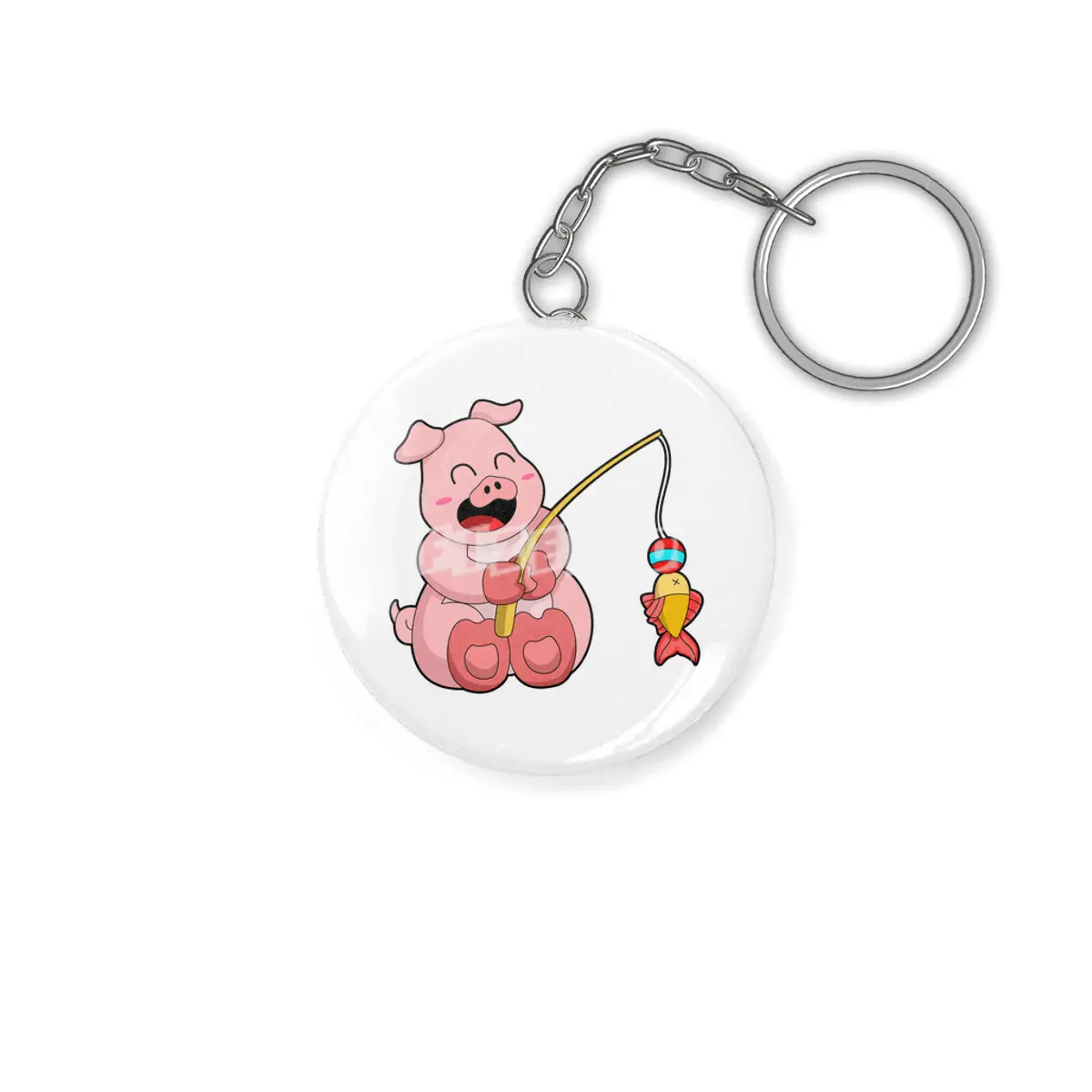 Pig at Fishing with Fish Anahtarlık