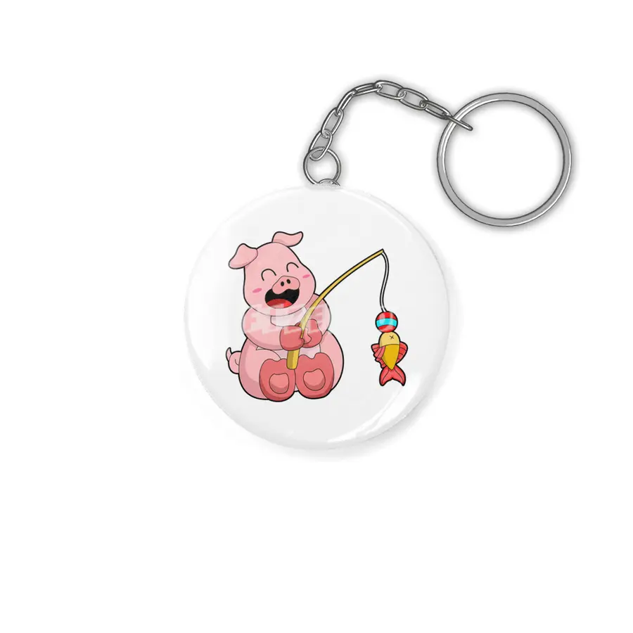 Pig at Fishing with Fish Anahtarlık