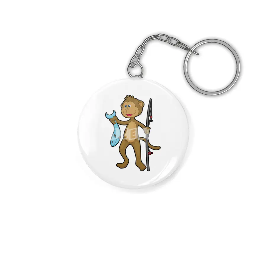 Monkey at Fishing with Fishing rod & Fish Anahtarlık