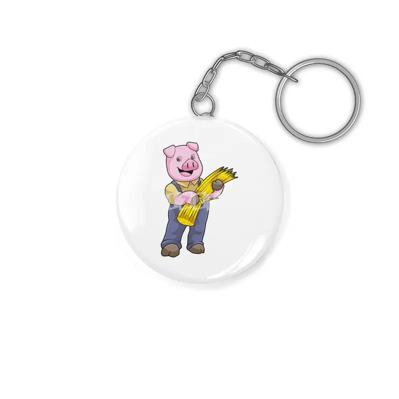 Pig as Farmer with Straw Anahtarlık