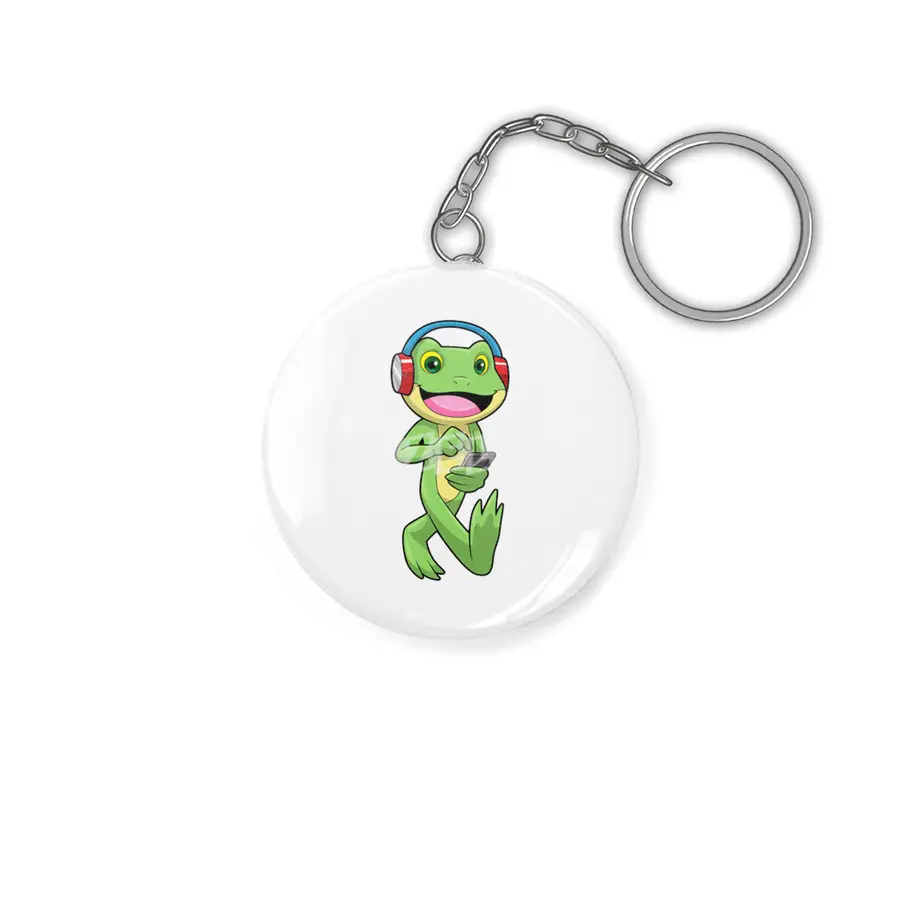 Frog at Music with Headphone Anahtarlık
