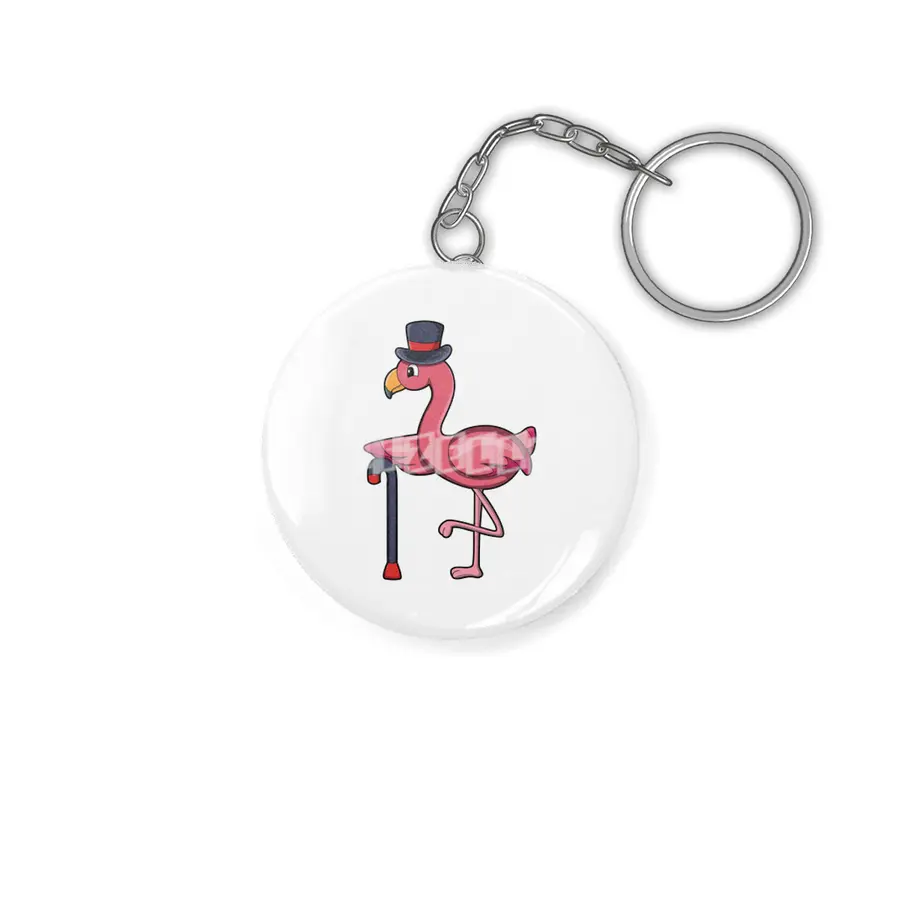 Flamingo as Pensioner with Walking stick & Hat Anahtarlık