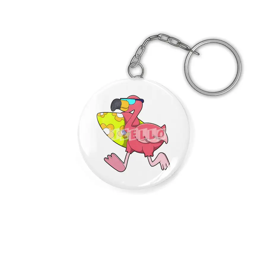 Flamingo as Surfer with Surfboard & Sunglasses Anahtarlık