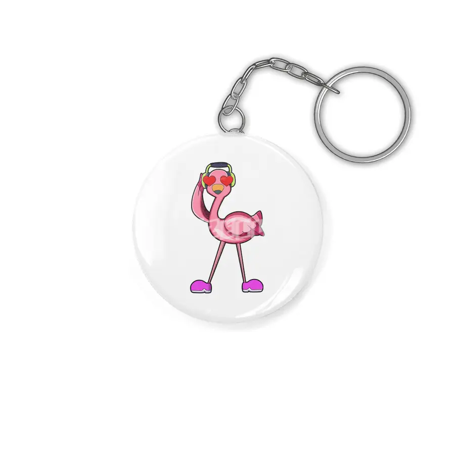 Flamingo with Headphone & Hearts Anahtarlık