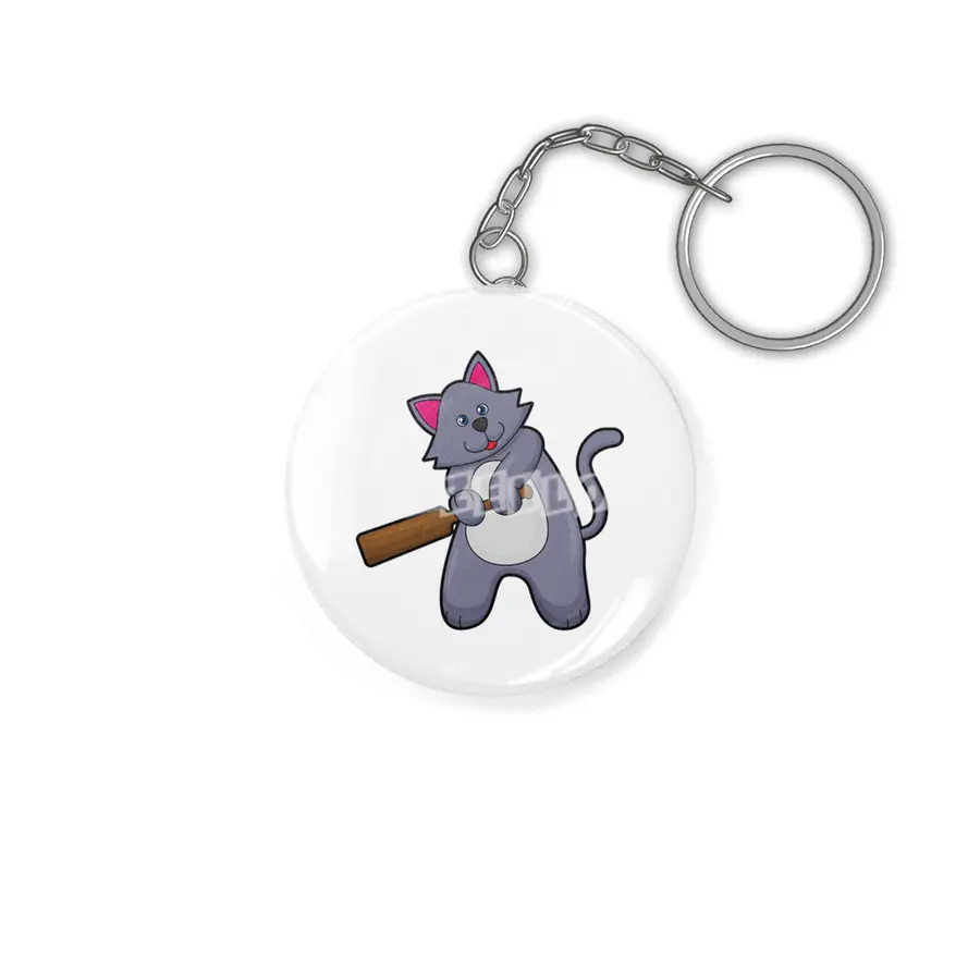 Cat at Cricket with Cricket bat Anahtarlık
