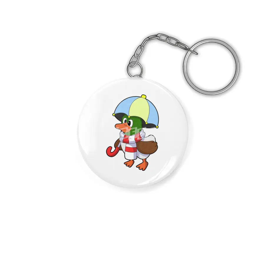 Duck at Raining with Umbrella Anahtarlık